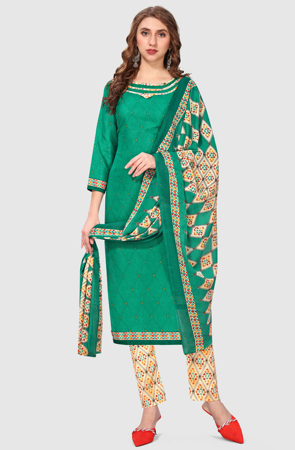 Green Cotton Blend Printed Unstitched Salwar Suit Material