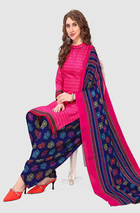 Pink Cotton Blend Printed Unstitched Salwar Suit Material