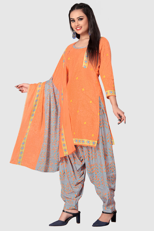 Orange Cotton Blend Printed Unstitched Salwar Suit Material