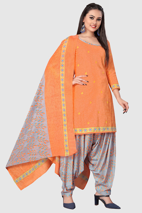 Orange Cotton Blend Printed Unstitched Salwar Suit Material