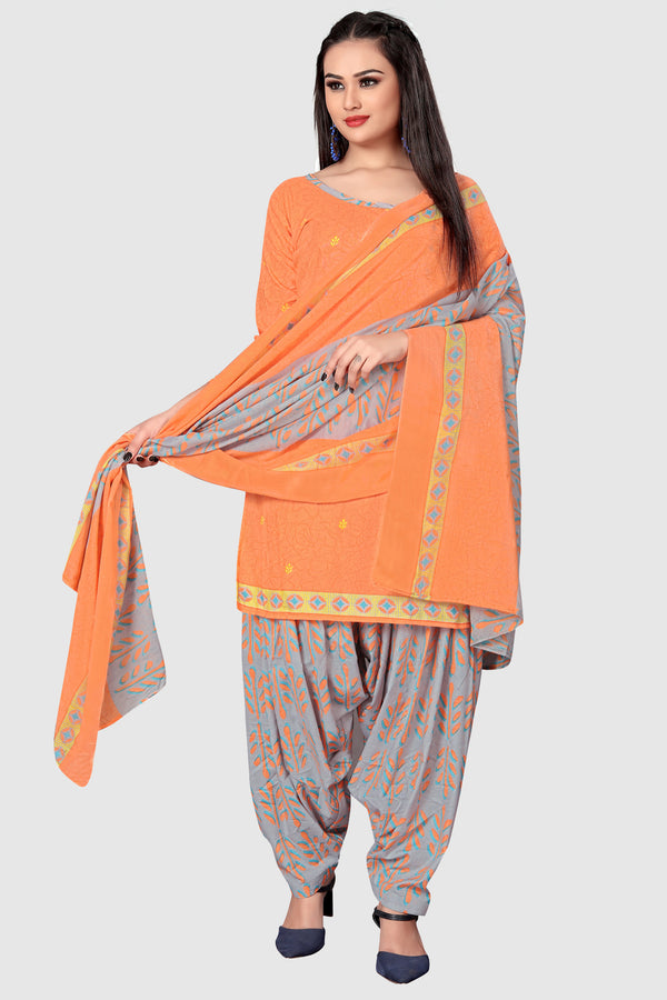 Orange Cotton Blend Printed Unstitched Salwar Suit Material