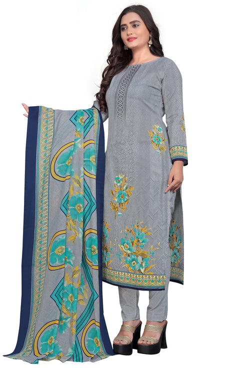 Grey Cotton Blend Printed Unstitched Salwar Suit Material