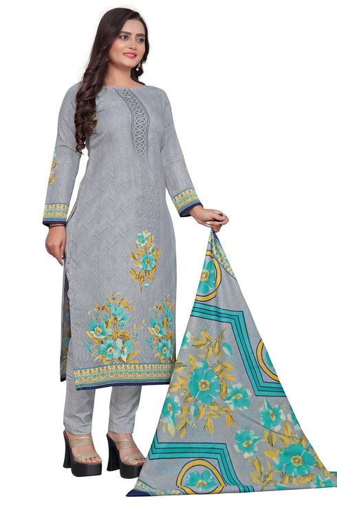 Grey Cotton Blend Printed Unstitched Salwar Suit Material