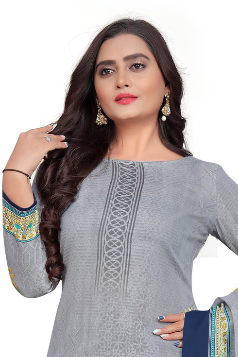 Grey Cotton Blend Printed Unstitched Salwar Suit Material