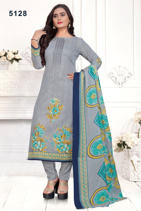 Grey Cotton Blend Printed Unstitched Salwar Suit Material