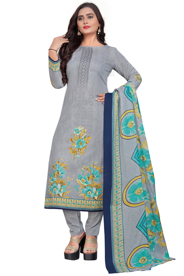 Grey Cotton Blend Printed Unstitched Salwar Suit Material