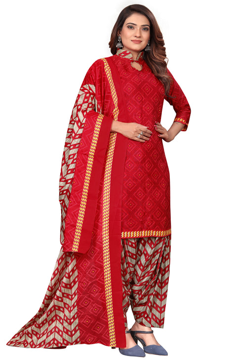 Red Cotton Blend Printed Unstitched Salwar Suit Material