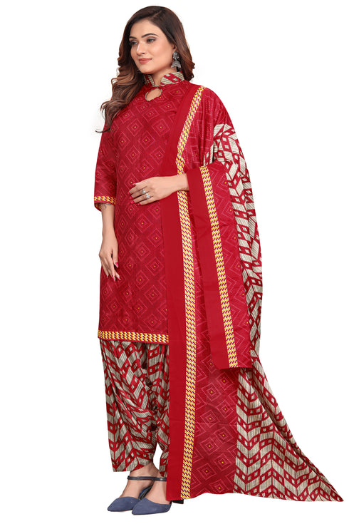 Red Cotton Blend Printed Unstitched Salwar Suit Material