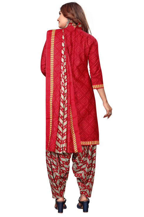 Red Cotton Blend Printed Unstitched Salwar Suit Material