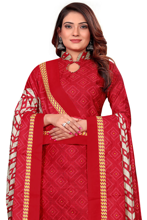 Red Cotton Blend Printed Unstitched Salwar Suit Material