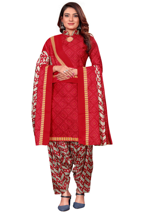 Red Cotton Blend Printed Unstitched Salwar Suit Material