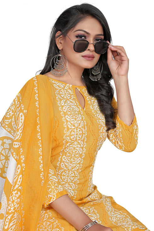 Yellow Cotton Blend Embroidered Unstitched Salwar Suit Material