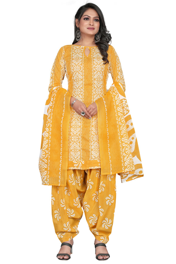Yellow Cotton Blend Embroidered Unstitched Salwar Suit Material