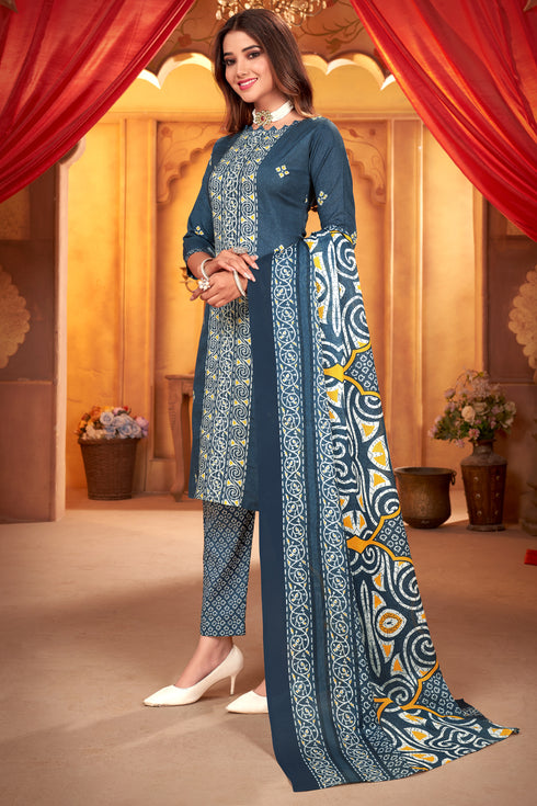 Blue & White Cotton Blend Embroidered Unstitched Salwar Suit Material
