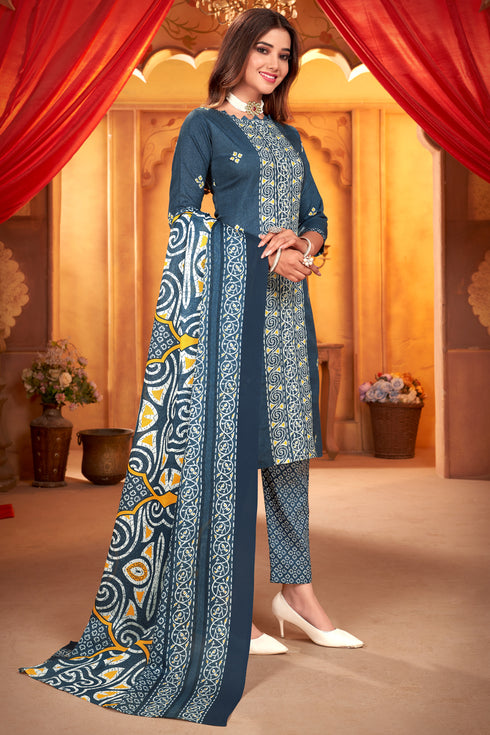 Blue & White Cotton Blend Embroidered Unstitched Salwar Suit Material