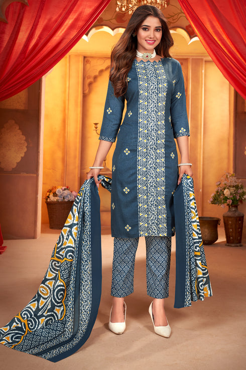 Blue & White Cotton Blend Embroidered Unstitched Salwar Suit Material