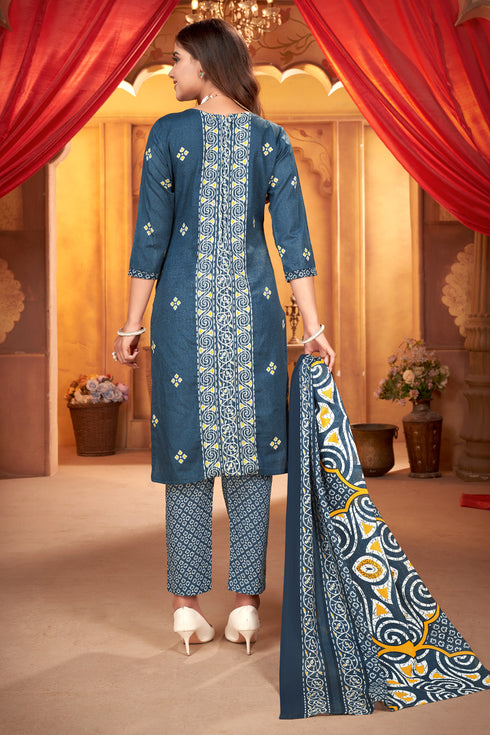 Blue & White Cotton Blend Embroidered Unstitched Salwar Suit Material