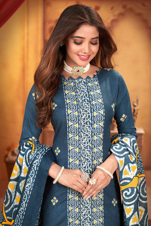 Blue & White Cotton Blend Embroidered Unstitched Salwar Suit Material