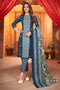 Blue & White Cotton Blend Embroidered Unstitched Salwar Suit Material