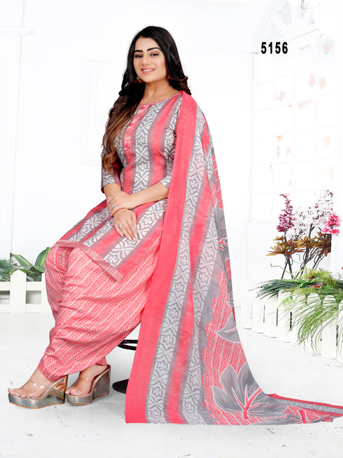 Grey & Light Pink Cotton Blend Printed Unstitched Salwar Suit Material