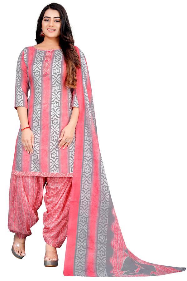 Grey & Light Pink Cotton Blend Printed Unstitched Salwar Suit Material