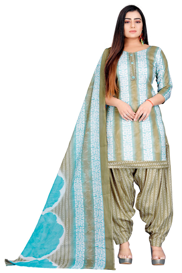 Mahendi Green & Sky Blue Cotton Blend Printed Unstitched Salwar Suit Material