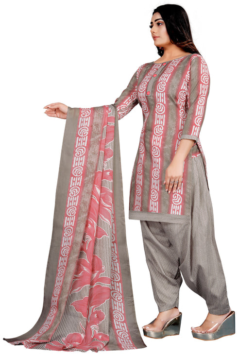 Grey & Light Pink Cotton Blend Printed Unstitched Salwar Suit Material