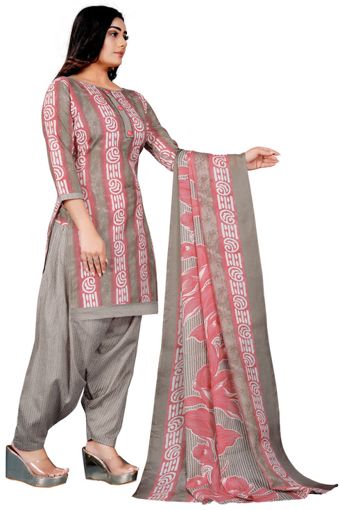 Grey & Light Pink Cotton Blend Printed Unstitched Salwar Suit Material
