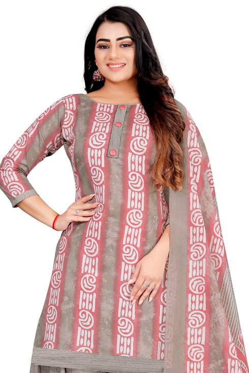 Grey & Light Pink Cotton Blend Printed Unstitched Salwar Suit Material