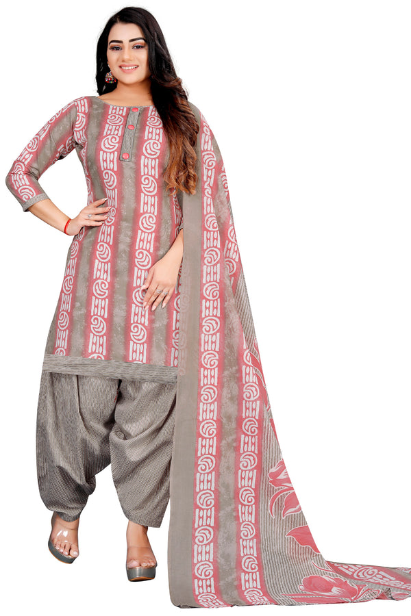 Grey & Light Pink Cotton Blend Printed Unstitched Salwar Suit Material