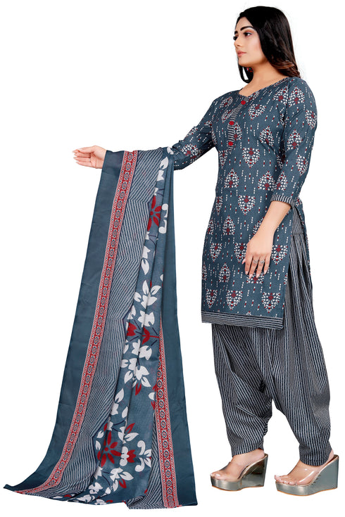 Grey & White Cotton Blend Printed Unstitched Salwar Suit Material