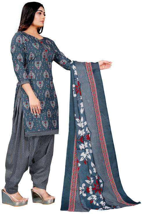 Grey & White Cotton Blend Printed Unstitched Salwar Suit Material