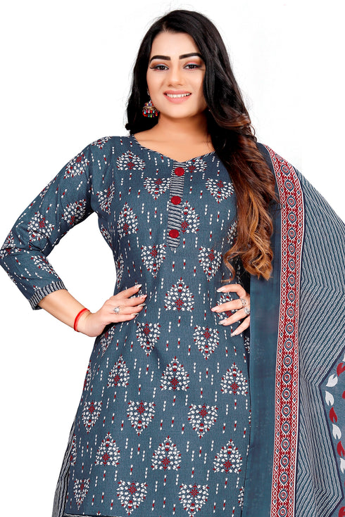 Grey & White Cotton Blend Printed Unstitched Salwar Suit Material
