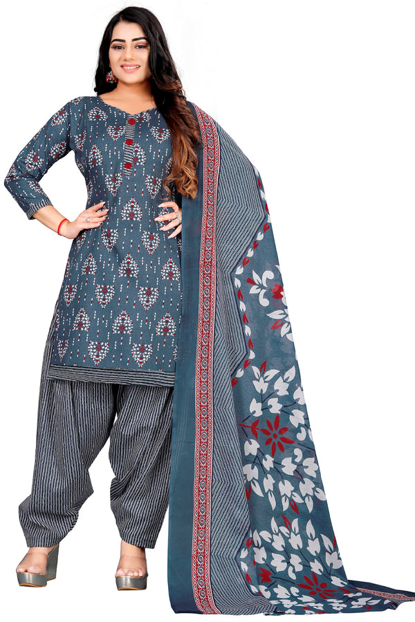 Grey & White Cotton Blend Printed Unstitched Salwar Suit Material