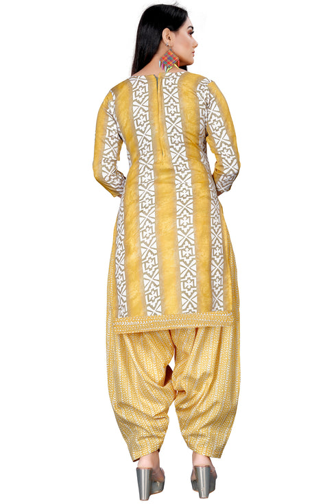 Yellow & White Cotton Blend Printed Unstitched Salwar Suit Material