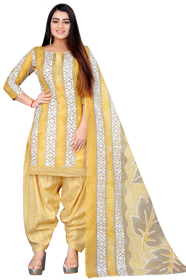 Yellow & White Cotton Blend Printed Unstitched Salwar Suit Material