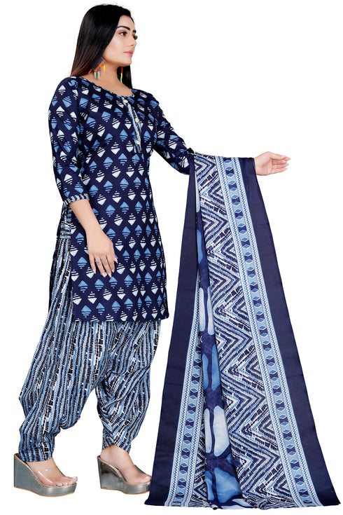 Navy Blue Cotton Blend Printed Unstitched Salwar Suit Material