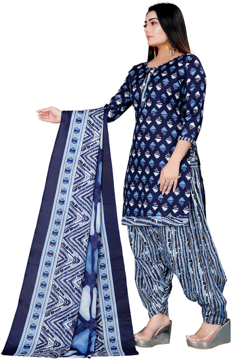 Navy Blue Cotton Blend Printed Unstitched Salwar Suit Material
