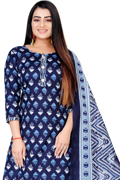 Navy Blue Cotton Blend Printed Unstitched Salwar Suit Material