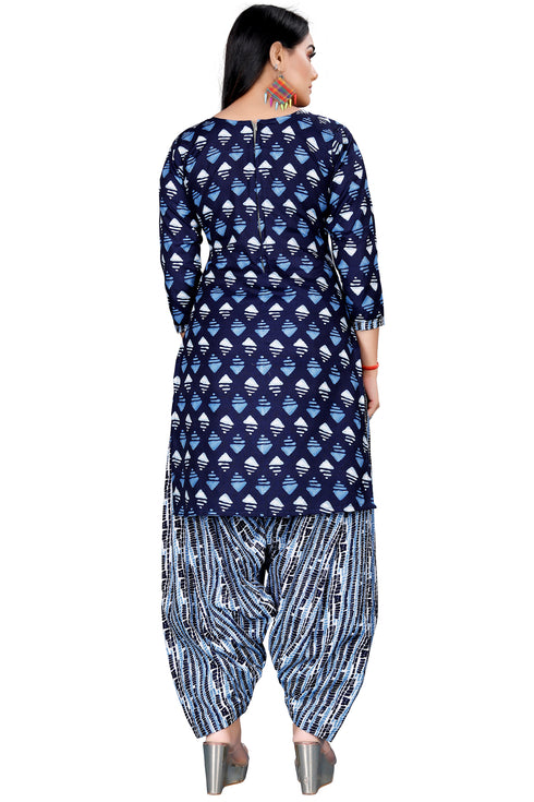 Navy Blue Cotton Blend Printed Unstitched Salwar Suit Material
