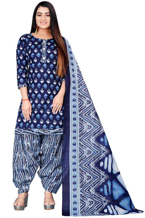 Navy Blue Cotton Blend Printed Unstitched Salwar Suit Material
