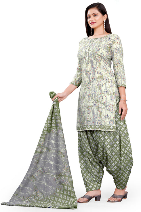Beige & Grey Cotton Blend Printed Unstitched Salwar Suit Material