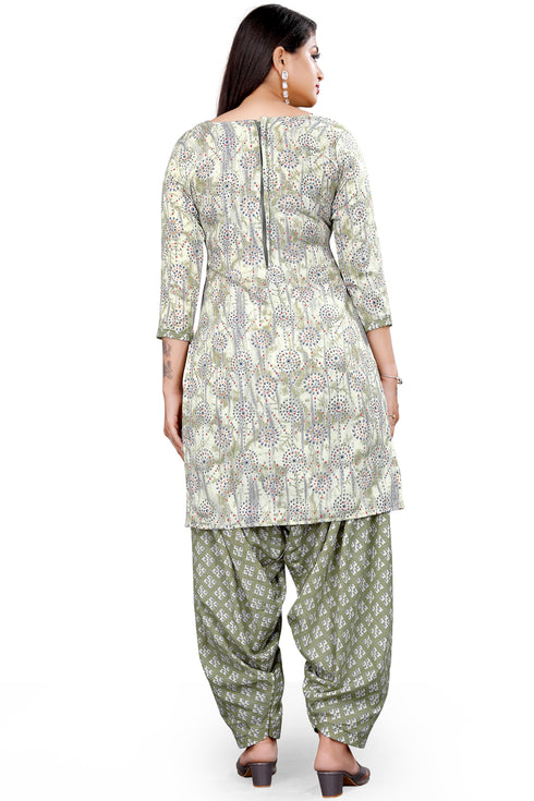 Beige & Grey Cotton Blend Printed Unstitched Salwar Suit Material