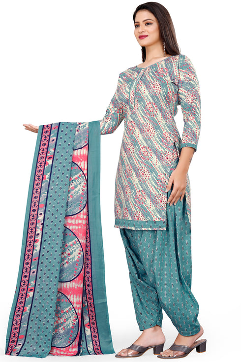 Teal Green & Beige Cotton Blend Printed Unstitched Salwar Suit Material
