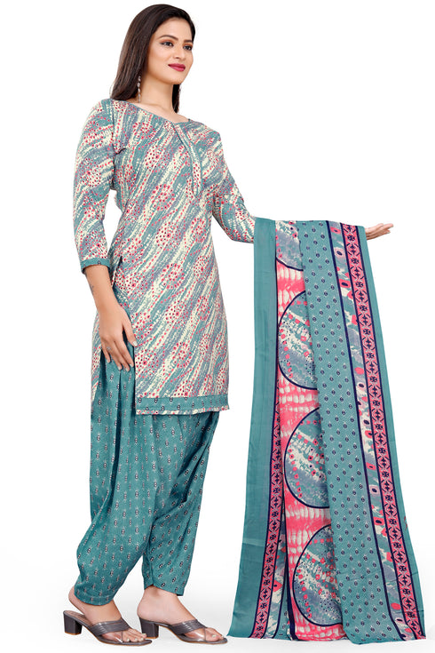 Teal Green & Beige Cotton Blend Printed Unstitched Salwar Suit Material