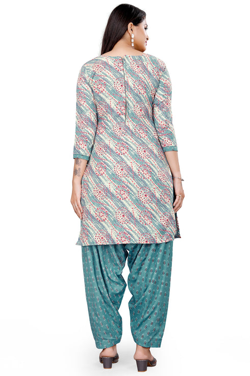 Teal Green & Beige Cotton Blend Printed Unstitched Salwar Suit Material