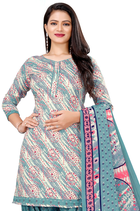Teal Green & Beige Cotton Blend Printed Unstitched Salwar Suit Material