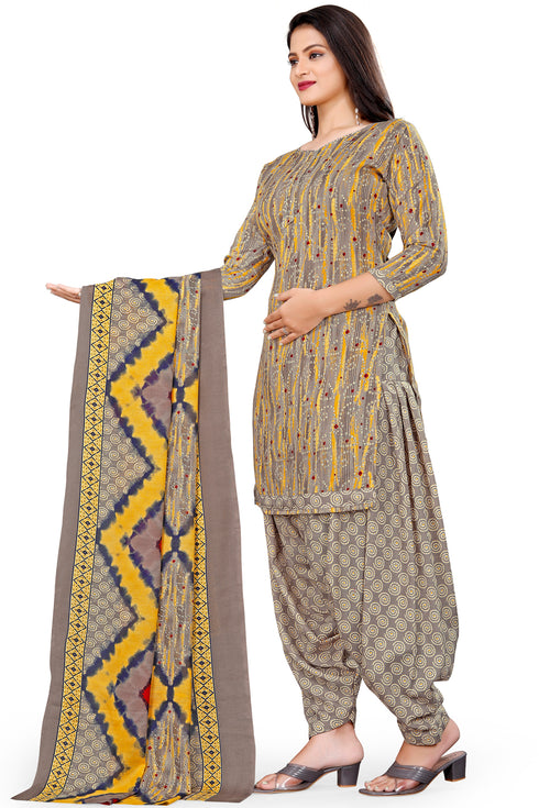 Grey & Yellow Cotton Blend Printed Unstitched Salwar Suit Material