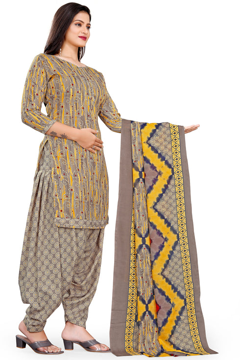 Grey & Yellow Cotton Blend Printed Unstitched Salwar Suit Material
