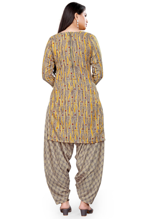 Grey & Yellow Cotton Blend Printed Unstitched Salwar Suit Material